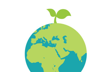 globe earth isolated on white background. Flat Earth Planet icon. Environment care. Ecology concept. Protect nature and ecology banner. Earth day. Globe with green leaves. Vector illustration