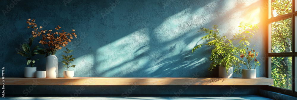 Wall mural Wooden shelf with potted plants against a teal wall.