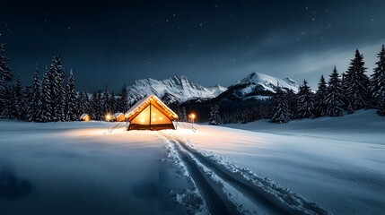 Fototapeta premium Magical Winter Campsite with Glowing Tents Amidst Snowy Pine Trees and Majestic Mountains at Night. Christmas and Outdoor Camping Concept