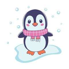 Cute Penguin Animal Cartoon Character Wearing Scarf Standing on Polar Ice with Happy Expression