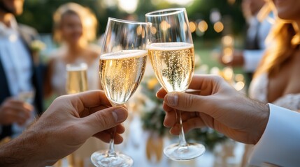 Celebratory toast with champagne in a spring garden setting for events and celebrations