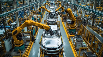Aerial view of a modern automotive factory with robotic arms and clean assembly lines