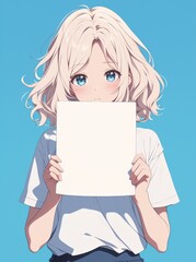 Naklejka premium A cute girl with short blonde hair and blue eyes holds up a blank sheet of paper in front of her face while wearing an oversized white t-shirt.