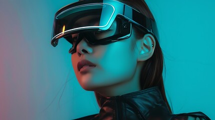 woman is wearing virtual reality glasses. She is looking to the side, and the lights are reflecting in her glasses.