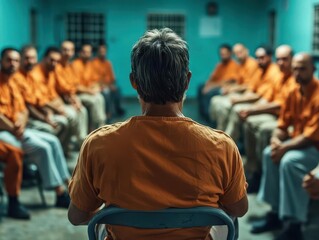 Fototapeta premium Rear view of a man in an orange prison uniform leading a group therapy session in a prison.