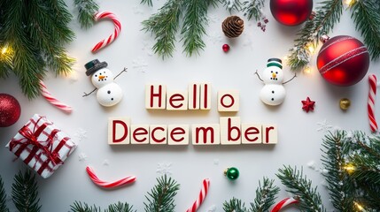 A photo of the text "Hello December" made from Christmas decorations, surrounded by presents and candy canes on a white background with pine branches and red ornaments. The word is in wooden Scrabble 
