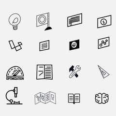 Vector illustration of a collection of icons in the field of education and science consisting of several icons such as paper, books, documents with icons, paragraphs in them, brains, microscopes.
