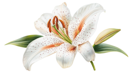 Beautiful white lily flower illustration with green leaves. Perfect for botanical prints, greeting cards, and floral design projects.