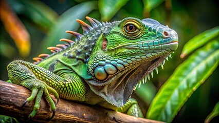 Fototapeta premium Close-up portrait of a green iguana perched on a branch, looking directly at the camera.