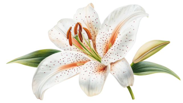 Beautiful white lily flower illustration with green leaves. Perfect for botanical prints, greeting cards, and floral design projects.