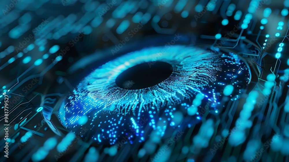 Poster digital eye embedded within a circuit board, symbolizing technological advancement and data security