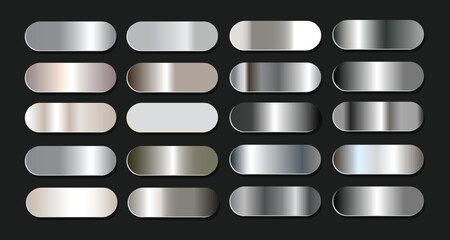 A set of dark silver and black metallic gradients on a black background. Metallic gradient effects for the design of text and bulletin boards, infographics. Metal banner. Vector illustration.