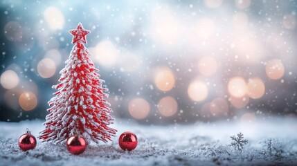Obraz premium Close up of a red christmas tree ornament with blurred bokeh background in winter wonderland setting