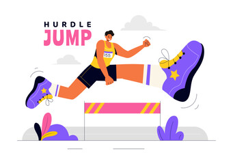 Vector Illustration of an Athlete Running Hurdles and Performing a Long Jump in a Sports Competition with an Obstacle Race in a Flat Background