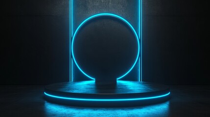 A dark background with blue neon lights illuminating the circular podium in front of it. The podium is empty and has an ominous atmosphere, reminiscent of the Tron movie style