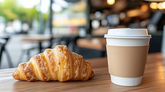 Fresh croissant served with latte in a cozy cafe setting &ndash; perfect for breakfast and coffee enthusiasts