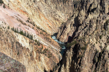 Photograph of the grand canyon of Yellowstone view from above looking into the valley located at Yellowstone national park in Wyoming.