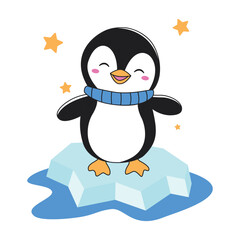 Cute Penguin Animal Cartoon Character Wearing Scarf Standing on Polar Ice with Happy Expression