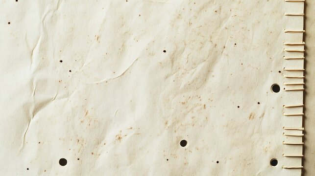 Grunge texture of a beige aged paper sheet with holes and stitch binding.