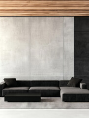 Modern living room with a sectional sofa, a wood ceiling, and concrete walls.