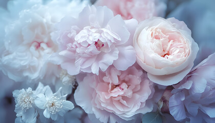 Obraz premium Soft, blooming peonies and roses in pastel shades, adding a delicate and feminine touch