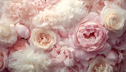 Obraz premium Soft, blooming peonies and roses in pastel shades, adding a delicate and feminine touch
