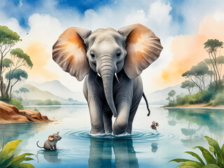 a fable about friendship of a little elephant and a mouse, travel around the world, in water color painting style - generated by ai