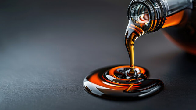 Close-up of a thick, dark liquid being poured from a bottle, spreading out on a smooth surface.