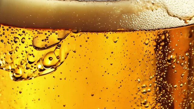 This chilled glass shows golden beer with bubbles, perfect for a warm, sunny day outdoors.