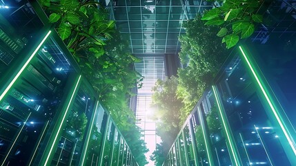 Futuristic data center surrounded by greenery with illuminated green lights on servers for highlighting sustainability innovation eco-friendly solutions in modern technology infrastructure concept.