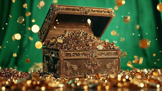 Ornate treasure chest overflowing with gold coins and confetti on a green screen background, perfect for compositing and visual effects