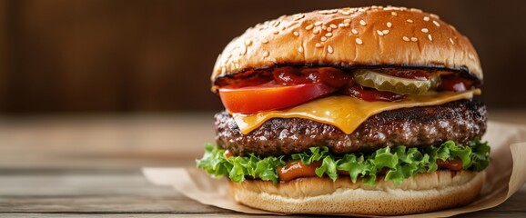 Juicy gourmet burger with fresh toppings for food menu design and advertising