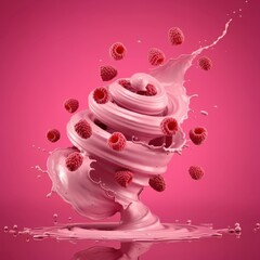 Pink raspberry smoothie explosion, dynamic liquid splash, frozen yogurt swirl, fruit berries floating, vibrant monochromatic, high-speed photography, surreal food art, glossy texture, pink background,