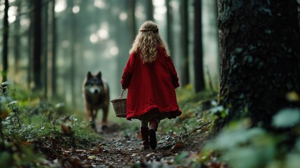Little red riding hood walking through enchanting forest with a wolf presence for storybook illustration