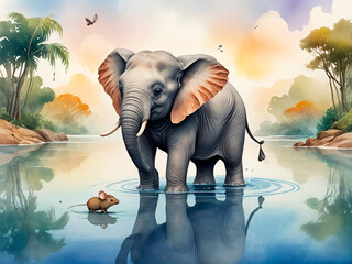 a fable about friendship of a little elephant and a mouse, travel around the world, in water color painting style - generated by ai