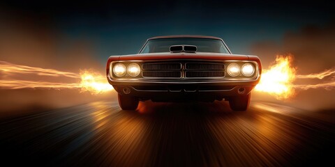 Naklejka premium Muscle Car Accelerating with Flames Erupting from the Engine – Power and Speed Unleashed