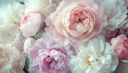 Obraz premium Soft, blooming peonies and roses in pastel shades, adding a delicate and feminine touch