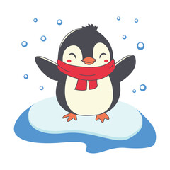 Cute Penguin Animal Cartoon Character Wearing Scarf Standing on Polar Ice with Happy Expression