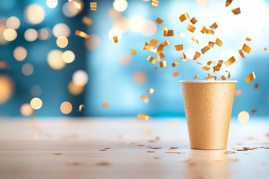 A festive celebration scene featuring a golden cup surrounded by sparkling confetti. Perfect for party themes and joyful moments.