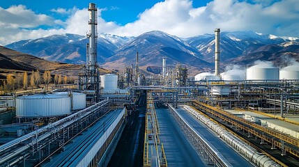 Naklejka premium Natural Gas Processing Plant: A large facility with rows of processing units, cooling towers, and storage tanks. The plant is situated in a rural area with mountains in the background. The image