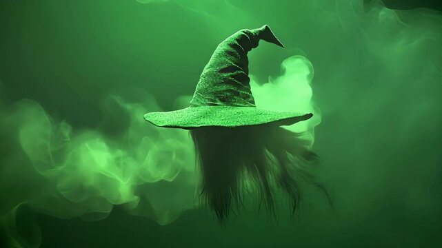 Mysterious witch in silhouette with swirling green smoke, perfect for halloween projects. Capturing the essence of october celebrations with magic and spookiness
