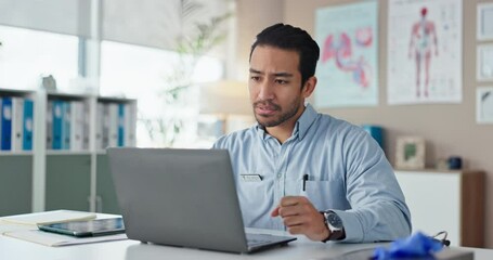 Doctor, laptop and telehealth in clinic office for healthcare, health or wellness with medical advice. Pulmonologist, man and video call as virtual diagnosis consulting for lungs, asthma or pneumonia