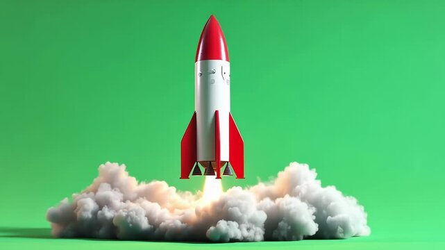 Red and white rocket launching from a cloud of smoke on a green screen background, perfect for compositing into your projects