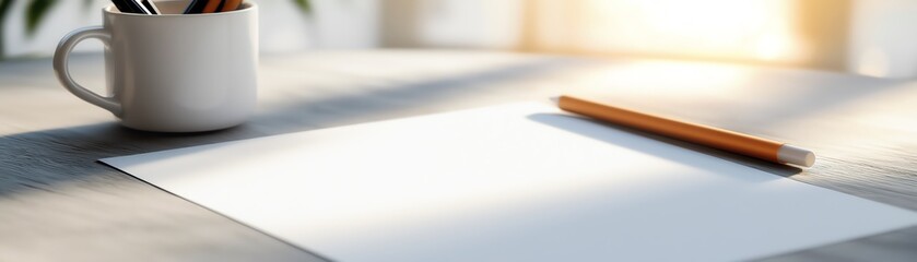 A pristine workspace featuring a clean sheet of paper, a pencil, and a cup filled with pens, ideal for creativity and inspiration.