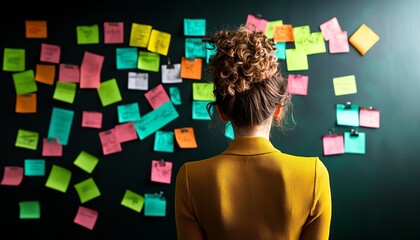 A person analyzes colorful sticky notes on a wall, showcasing creativity and organization in brainstorming sessions.