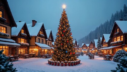 Fototapeta premium Snowy Christmas Village with Large Illuminated Christmas Tree