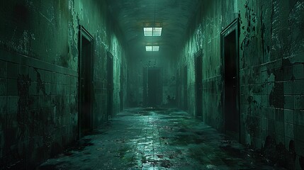 Eerie Green Hallway in an Abandoned Building