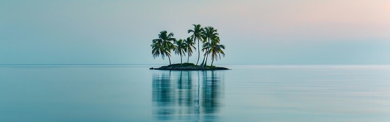 A serene view of a small island with two palm trees in the middle of the ocean.