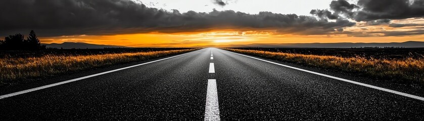 Fototapeta premium A serene and open road stretches into a stunning sunset, inviting travel and exploration under a dramatic sky.