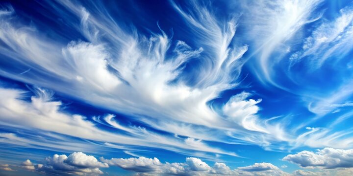 Gently rolling clouds of soft, fluffy white stretch across a brilliant blue sky, wispy tendrils etching delicate scenes